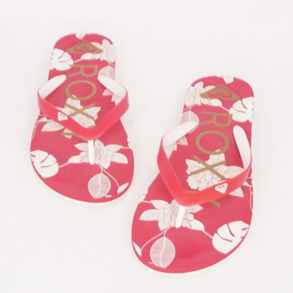 Roxy Red & White Hawaiian Floral Print Flip Flops - Picture 1 of 6